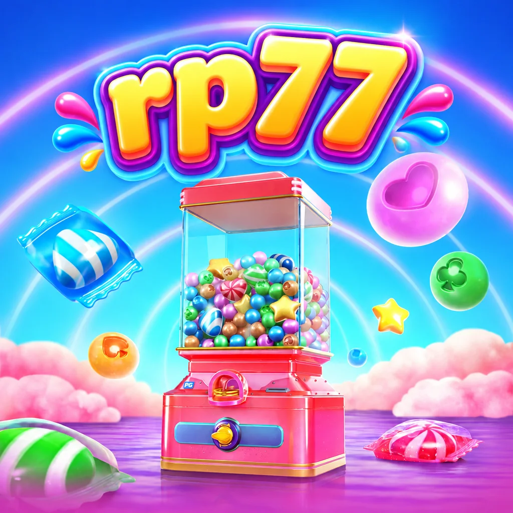 Mesin permen warna-warni berlatar pelangi dalam visual game Candy Superwin di rp77