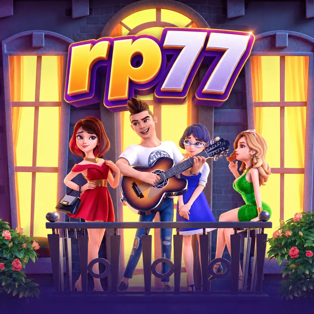 Tampilan karakter pria bergitar dan tiga wanita di balkon pada game Reel Love dari rp77